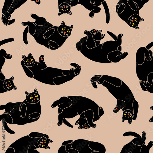 Black playful Cats lying in various poses. Uncomfortable positions. Funny cute characters. Hand drawn modern Vector illustration. Square seamless Pattern. Background, wallpaper