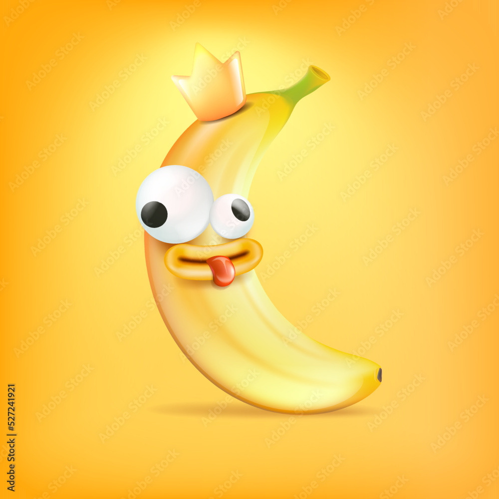 Vector cartoon silly banana fruit with crown character isolated on