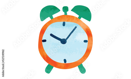 Orange old style alarm clock watercolor illustration isolated on white background. Watercolor alarm clock hand drawn. Simple alarm clock clipart