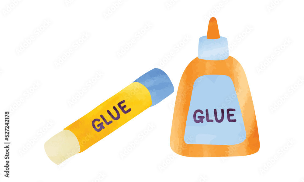 Glue stick and glue bottle watercolor hand drawn vector isolated on
