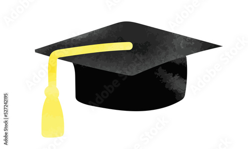 Black graduation cap hand watercolor drawing vector isolated on white background. Graduate cap with tassel watercolor clipart. Academic hat watercolor artistic clipart