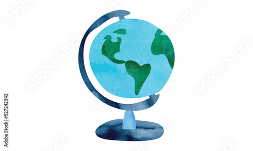 School globe watercolor style vector illustration isolated on white background. Blue and green terrestrial globe watercolor drawing. Watercolor school globe hand draw clipart