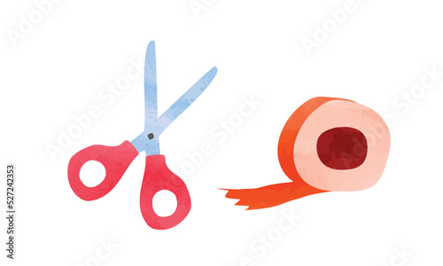 Hand drawn scissor and tape watercolor illustration isolated on white background. Open scissors with red handle illustration. Scissors clipart. Tape clipart