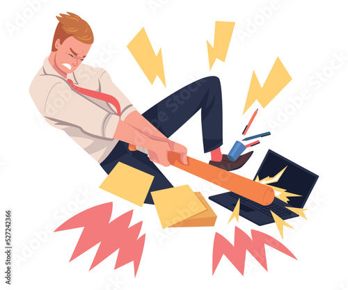 Furious Man Office Employee with Fierce Face Crashing and Breaking Laptop with Bat Vector Illustration