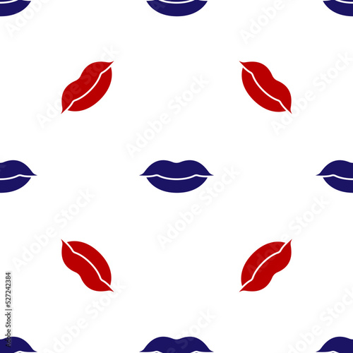 Blue and red Smiling lips icon isolated seamless pattern on white background. Smile symbol. Vector