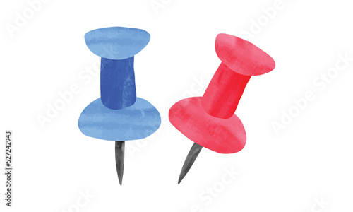 Multicolored pushpins watercolor style vector illustration isolated on white background. Red and blue push pin isolated. Watercolor pushpin. Pushpin clipart. Thumbtack vector. Cute watercolor drawing