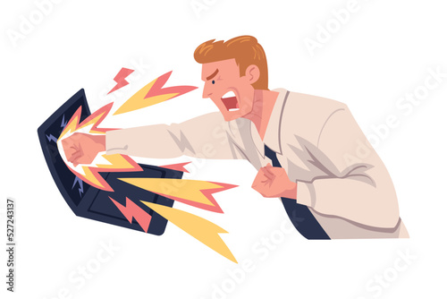 Furious Man Office Employee with Fierce Face Crashing and Breaking Laptop Screen with His Fist Vector Illustration