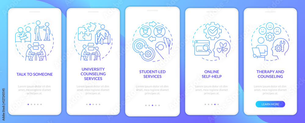 Fototapeta premium Addressing student mental health blue gradient onboarding mobile app screen. Walkthrough 5 steps graphic instructions with linear concepts. UI, UX, GUI template. Myriad Pro-Bold, Regular fonts used