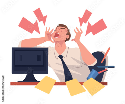 Furious Man Office Employee with Fierce Face Shouting and Screaming Out Loud Vector Illustration