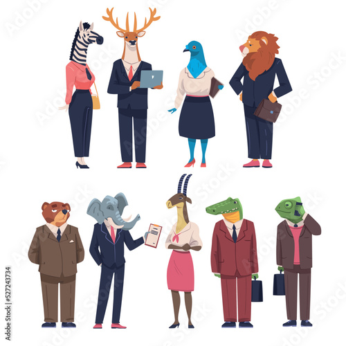 Animal Office Employee Wearing Formal Corporate Suit Standing Vector Set