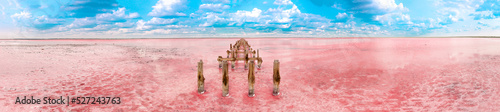 The pink lake is a beautiful landscape, unusual nature. A unique rare natural phenomenon. Salt lake with pink algae. Beautiful landscape.