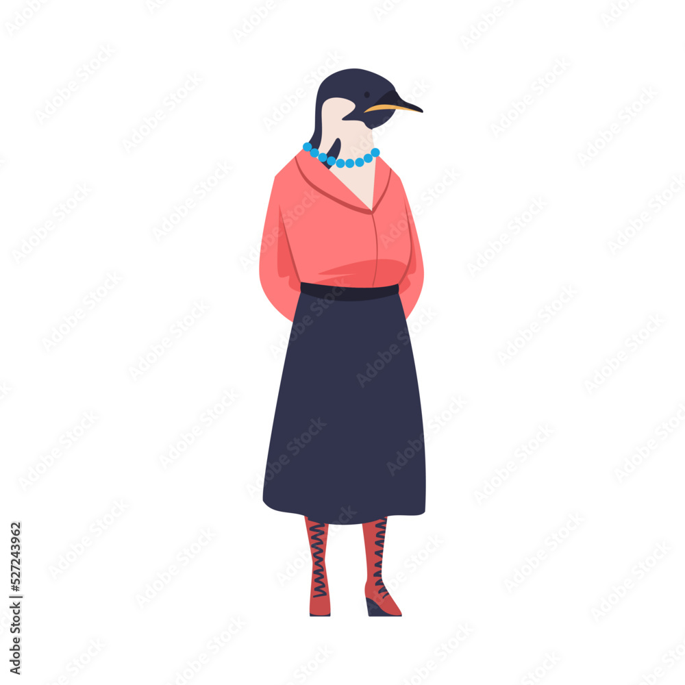 Penguin as Office Employee Wearing Skirt and Blouse as Formal Corporate Suit Standing Vector Illustration