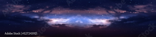 Fototapeta Naklejka Na Ścianę i Meble -   blue lilac starry sky  dramatic clouds  sunset star fall reflection on sea with planet flares  universe  purple nebula banner