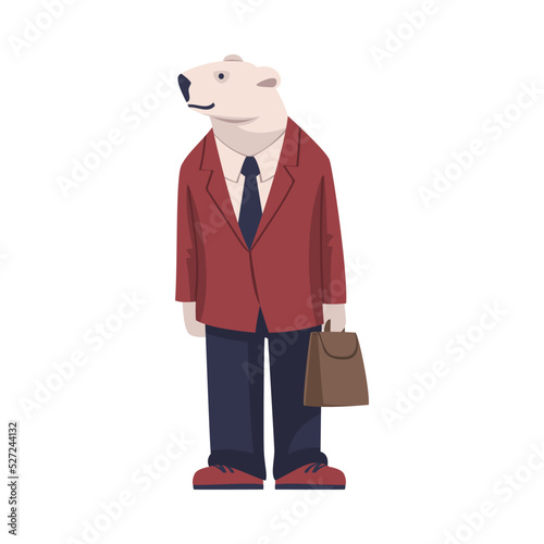Polar Bear as Animal Office Employee Wearing Formal Corporate Suit Standing with Briefcase Vector Illustration