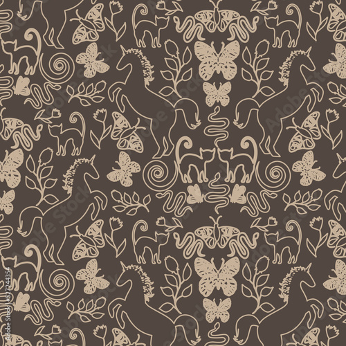 Vector pattern  silhouettes of animals. Beautiful drawing for print and web. Pattern unicorn cat butterfly snake.