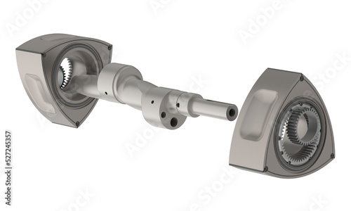 Rotary Wankel engine piston and camshaft in exploded view 3D rendering isolated on white background photo