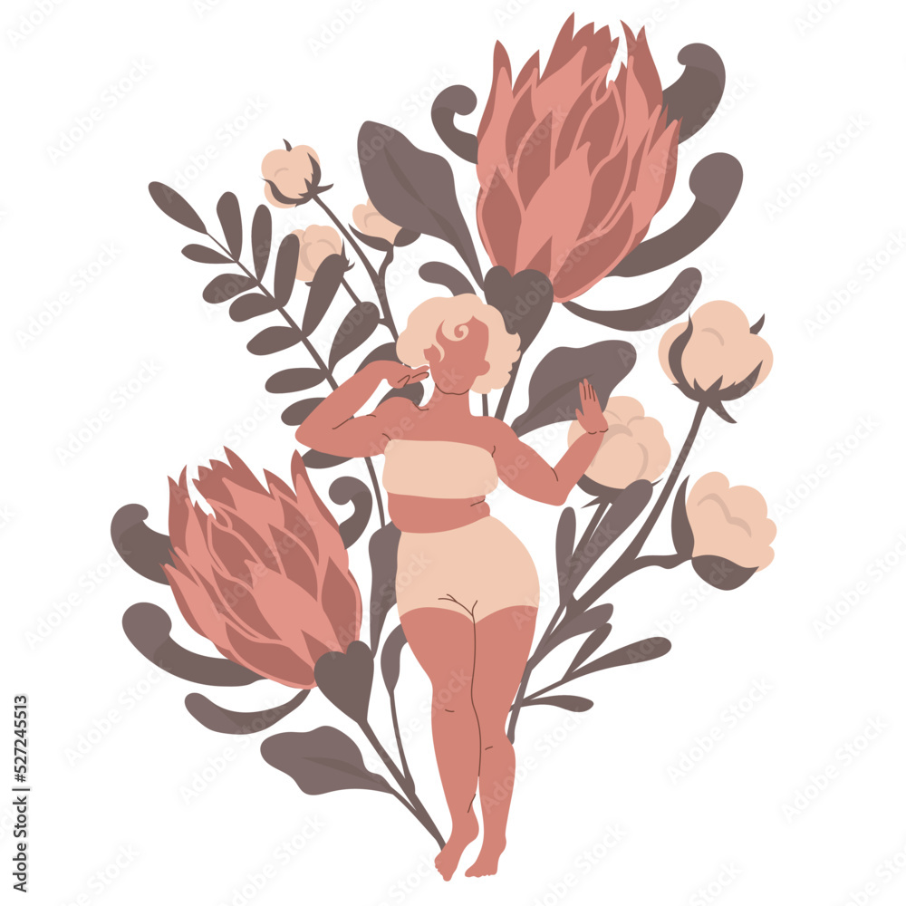 Blonde girl wearing underwear in front of protea and dried cotton.
