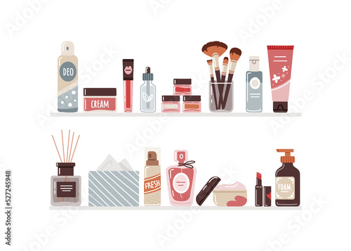 Cosmetics and beauty care for women on bathroom shelf.Flat illustration