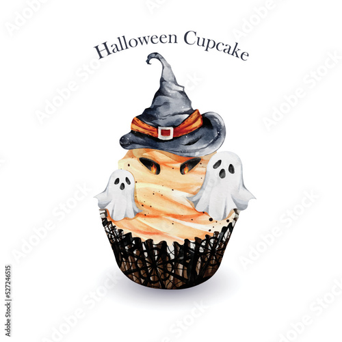 Watercolor of Halloween cupcake vector design on white background