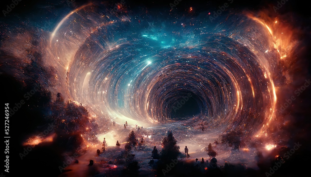 Portal in the Universe with a fiery glow around. Contours of dark trees ...