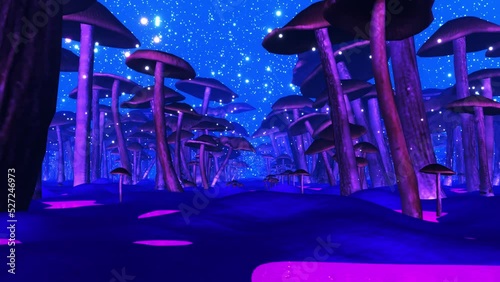 Flight between mushrooms of mystical fantasy forest with flying and shimmering particles of light bokeh and acid river. Abstract animated motion background. Seamless 4K VJ loop
