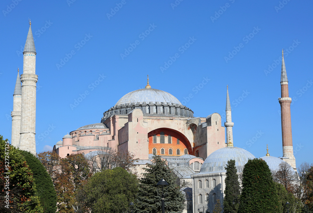 Hagia Sophia aka Ayasofya  with Trees and Blue sky in Istanbul, Turkey