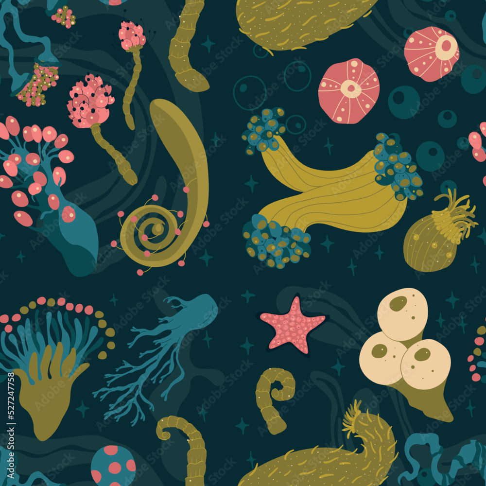 Fototapeta premium Marine seamless pattern with underwater animals, plants, ocean fish