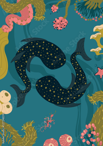 Sea posters with underwater animals, plants, fishes, ocean coral reef