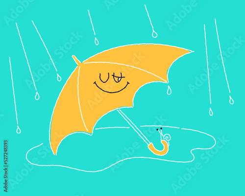 Cute illustration of an umbrella character protecting a snail from the rain.　カタツムリを雨から守る傘のキャラクターのイラスト　ベクター素材