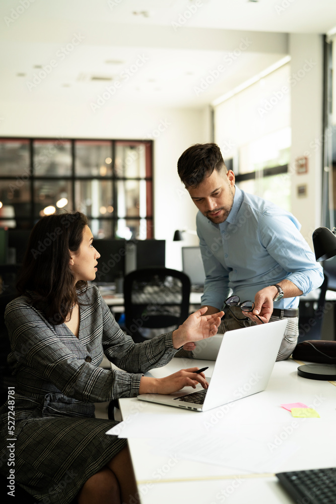 Fototapeta premium Colleagues in office. Businesswoman and businessman discussing work in office..