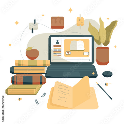Vector Illustration With Computer, Books, Home Plant, Note Pad and Other Objects on the Desktop. Perfect for Web Banners, Social Media, Printed Materials, etc.