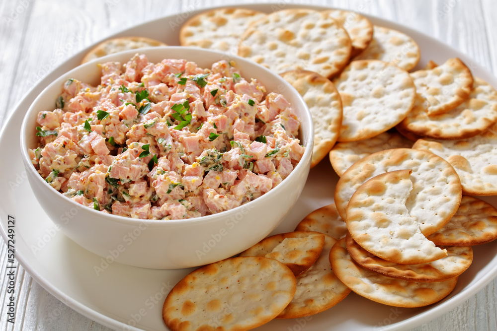classic ham salad with crackers on white plate classic ham salad with crackers on white plate