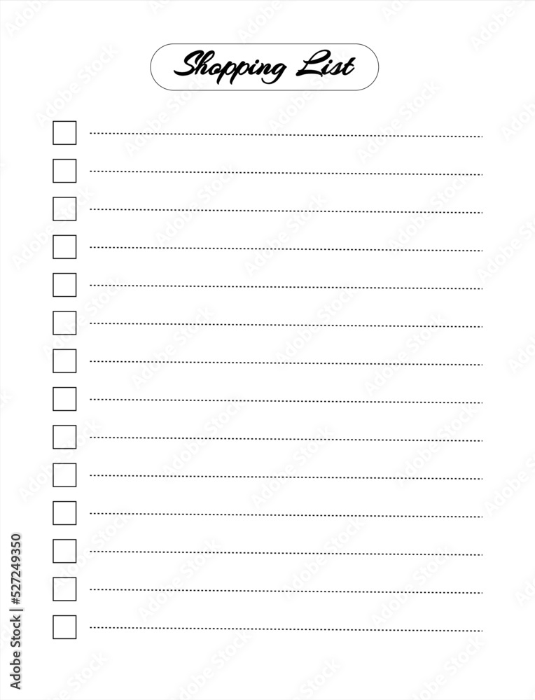 Empty Shopping list white isolated blank. Template for planner, organizer, DIY scrapbooking note pad page. shopping list supermarket with dotted lines. Vector Eps8 Empty Shopping list white isolated blank. Template for planner, organizer, DIY scrapbooking note pad page. shopping list supermarket with dotted lines. Vector Eps8