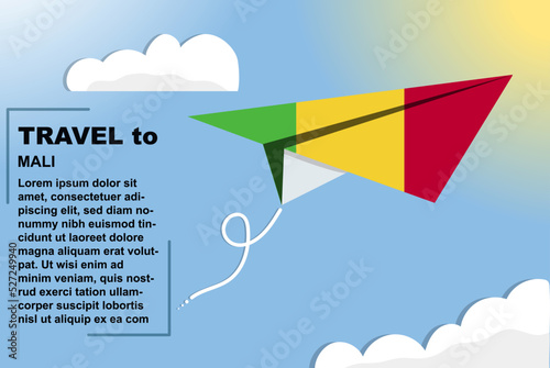 Mali travel vector banner with paper flag and text space, flag on paper plane, holiday and vacation concept