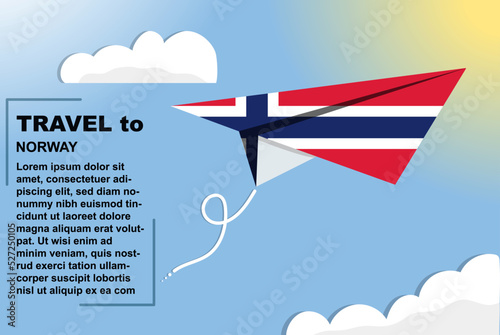 Norway travel vector banner with paper flag and text space, flag on paper plane, holiday and vacation concept