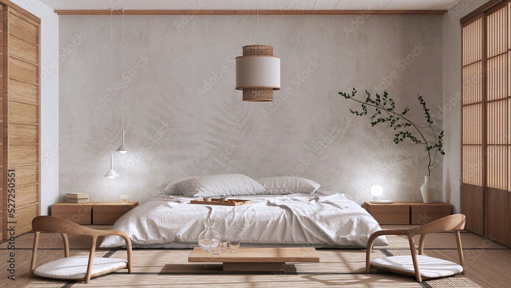 Japandi bedroom in white and beige tones, japanese style. Double bed,  tatami mats, armchairs, meditation zen space. Minimalist interior design  Stock Illustration | Adobe Stock