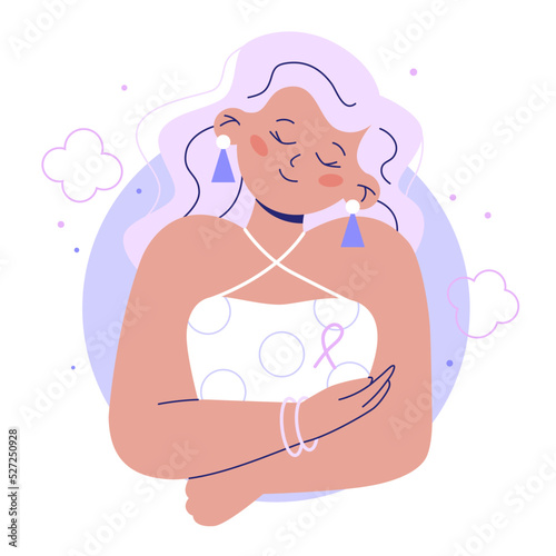 Breast Cancer woman character. Woman with pink ribbon takes care of herself.