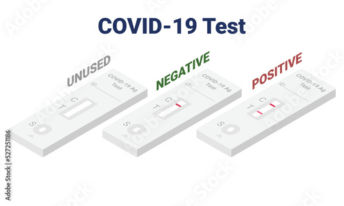 Set of COVID-19 rapid test kit showing different results isometric flat design clipart. Antigen detection kit 1 stripe, 2 stripes result isometric vector illustration. SARS-COV-2 self test kit cartoon