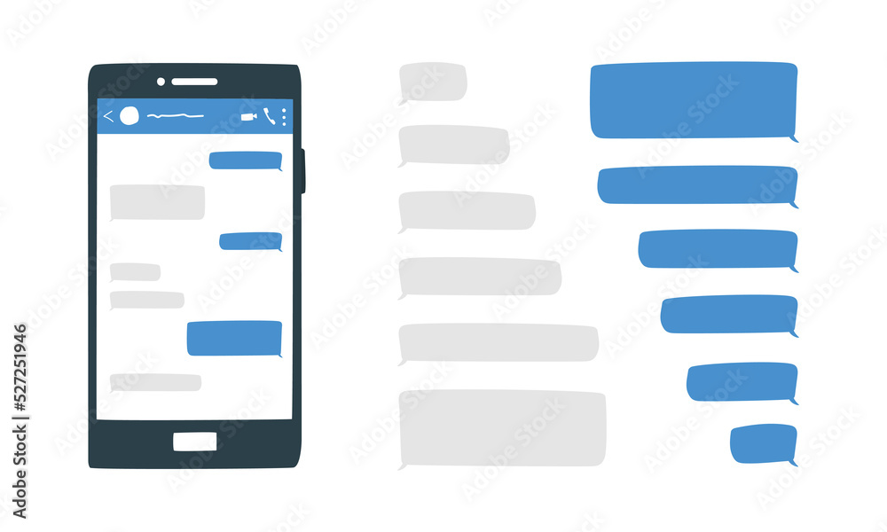 Blank message bubbles chat in cartoon style. Empty chat bubbles vector design. Blank SMS text frame doodle drawing. Smartphone with conversation chat screen with blue message bubbles messaging app