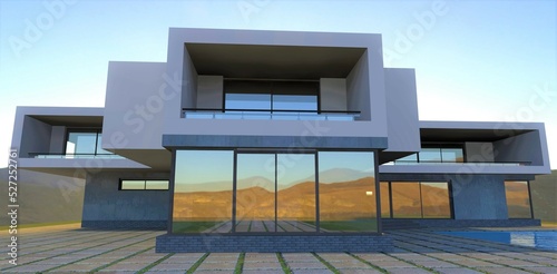Reflection of the mountain landscape in big panoramic windows of the contemporary design house with the massive concrete paving stones around. 3d render. © Oleksandr