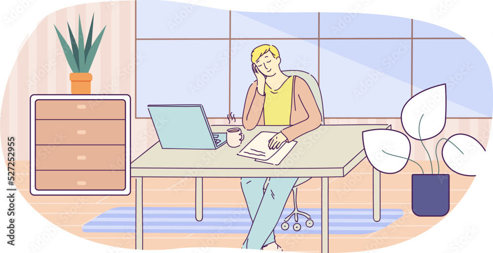 Man sitting at desk, working with laptop and talking on phone. Young man sitting at workplace at home, office interior, communicating and working. Freelance, distance education hand drawn style vector Man sitting at desk, working with laptop and talking on phone. Young man sitting at workplace at home, office interior, communicating and working. Freelance, distance education hand drawn style vector