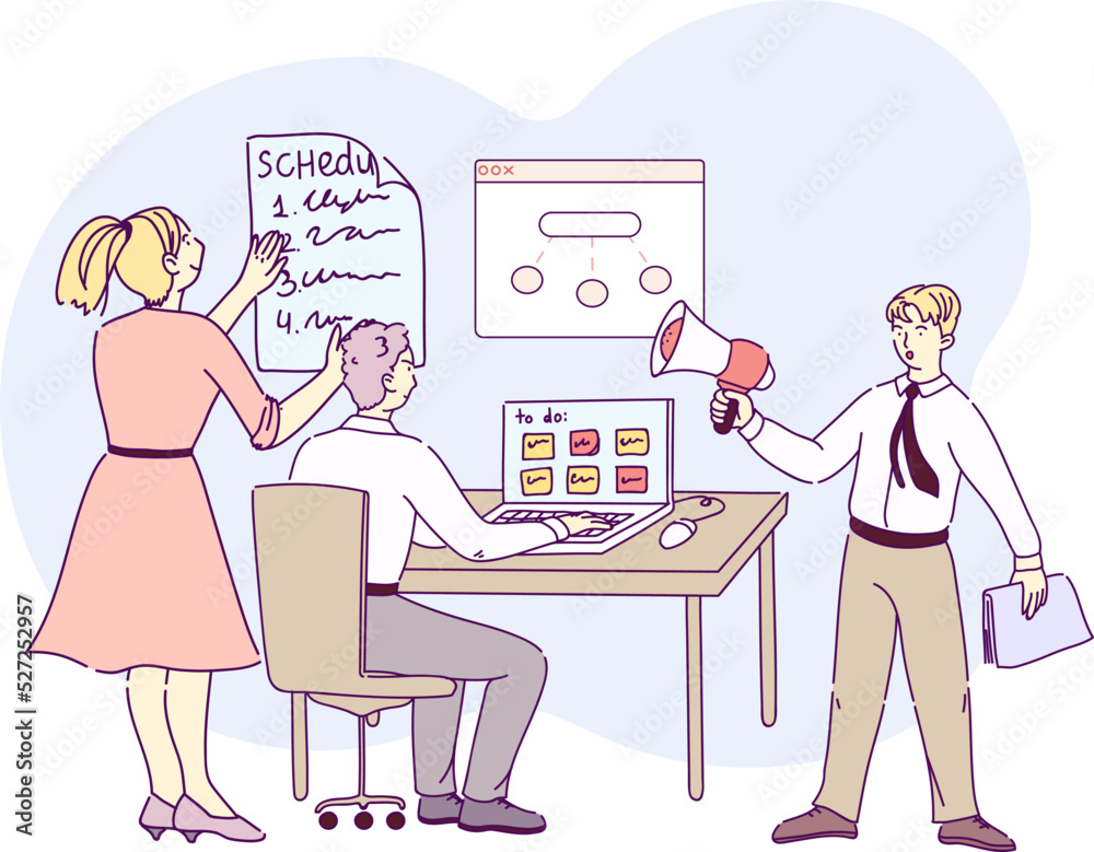 Business team working together, brainstorming and planning schedule. Boss with loudspeaker shouting at colleagues to increase productivity. Time management and business deadline hand drawn vector