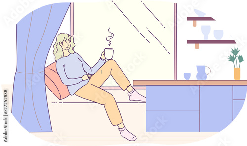 Thoughtful young woman sitting with cup of tea or coffee. Beautiful girl sitting on windowsill, looking through window and drinking hot aroma drink. Woman relaxing at home hand drawn style vector