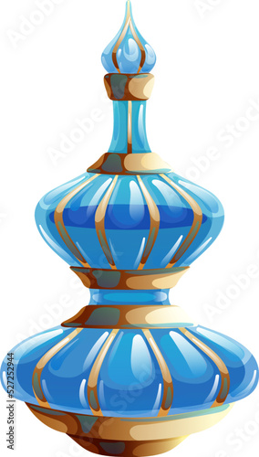 Glossy small blue phial decorated with gold full of liquid. Shiny closed small precious bottle with potion, magic elixir or perfume, magician or perfumer inventory vector