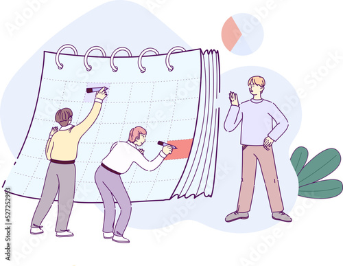Business people planning event, deadline and agenda. Office team standing around huge calendar planning work and making schedule of affairs for month or week. Time management