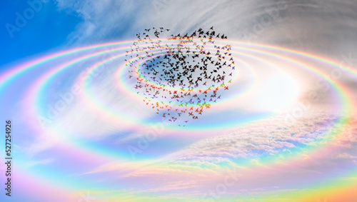 Silhouette of birds (Heart of shape) flying above amazing round shape rainbow © muratart
