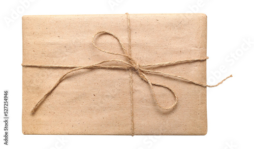 Craft brown present box with vintage rope bow, isolated transparent png