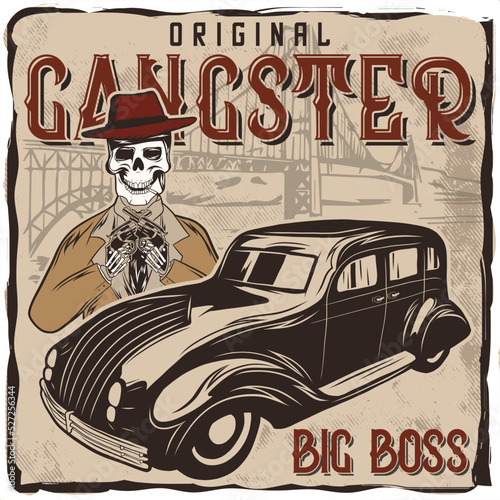 a gangster's skeleton with a hat, standing behind the car, t-shirt design
