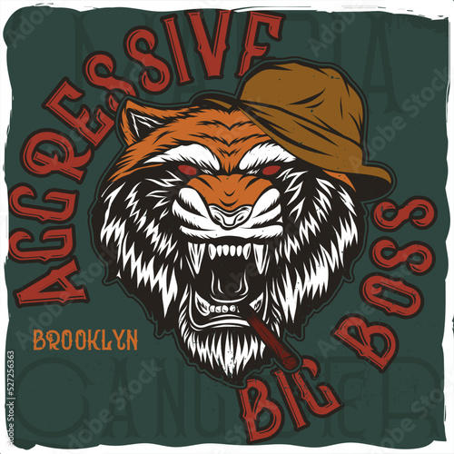 A tiger gangster with a hat on his head, t-shirt design