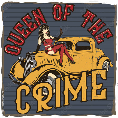 A girl sitiing on a car with a gun in her hand, t-shirt design